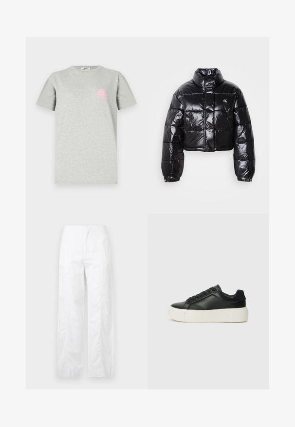 Lühendatud must puffer-jakk läikiva viimistlusega, kõrge krae, eeslukuga ja logodetailiga. Omab üleöö suuruseid varrukaid ja tikitud sektsioone.; Hallhalli puuvillane t-särk, millel on ümmargune kaelus, lühikesed varrukad ja vasakul rinnal roosa graafika kaarega, millel on päikesekiired.; Valged laiad püksid, mis on valmistatud kergetest materjalidest, omades siledat tekstuuri, puhtaid jooni ja kõrget vöökohta.; Must musta sneaker ümarate varvastega, valge platvormi tallaga ja mustade paeltega. Omab diskreetset logo kandadel ja sileda tekstuuriga.