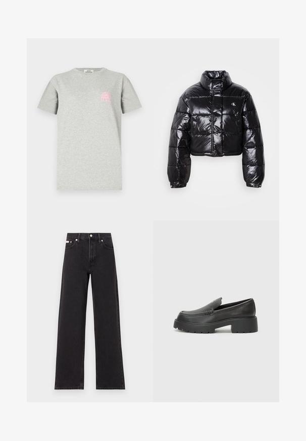 Veste doudoune noire coupée avec finition brillante, col haut, fermeture éclair à l'avant et détail de logo. Présente des manches surdimensionnées et des sections matelassées.; T-shirt en coton gris avec un col rond, des manches courtes, et un graphique rose représentant un arc avec des rayons de soleil sur la poitrine gauche.; Jeans noirs à jambes larges en denim, avec une taille haute, une coupe à cinq poches et une fermeture à bouton en métal avec des coutures contrastantes.; Mocassins en cuir noir avec un bout arrondi, une semelle épaisse et texturée, et des détails de couture minimalistes. Design épuré sans lacets ni métal visibles.