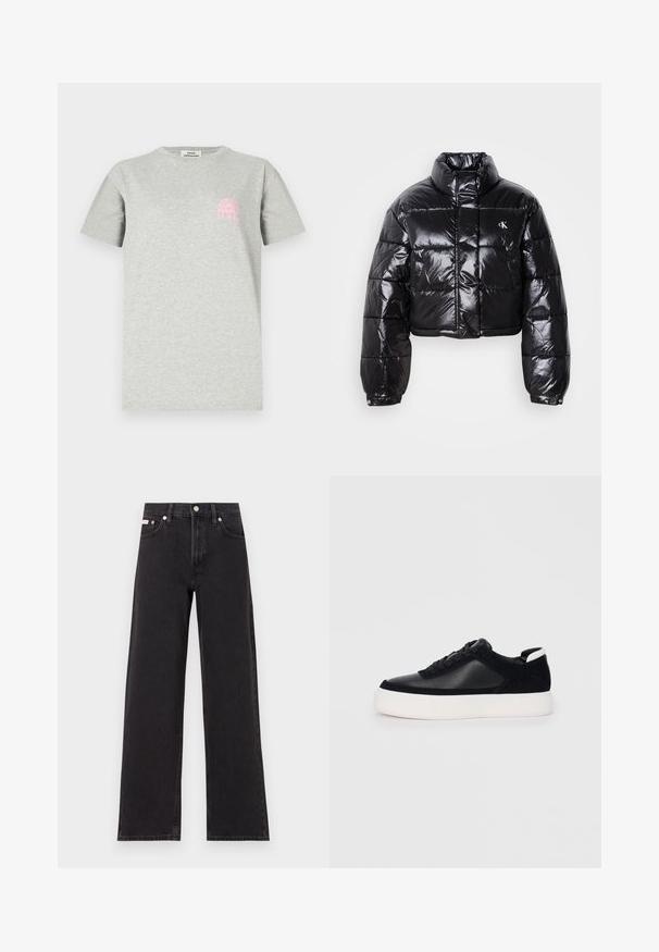 Trumpas juodas pūkinis paltas su blizgiu paviršiumi, aukšta apykakle, priekiniais užtrauktukais ir logotipo detalėmis. Yra plačios rankovės ir siuvinėtos dalys.; Pilkas medvilninis marškinėlis su apvaliu iškirpimu, trumpomis rankovėmis ir rožine grafika, vaizduojančia arką su saulės spinduliais kairėje krūtinės pusėje.; Juodos plačios kojų džinsai, pagaminti iš džinsinio audinio, su aukštu liemeniu, penkių kišenių stiliumi ir metaline sagte su kontrastingo siuvimo detalėmis.; Juodi sportbačiai su lygiu oda ir zomšinėmis detalėmis, plokščiomis raišteliais, apvaliu walko ir balta guma iš baze. Išskirtinė logotipas ant kulno.