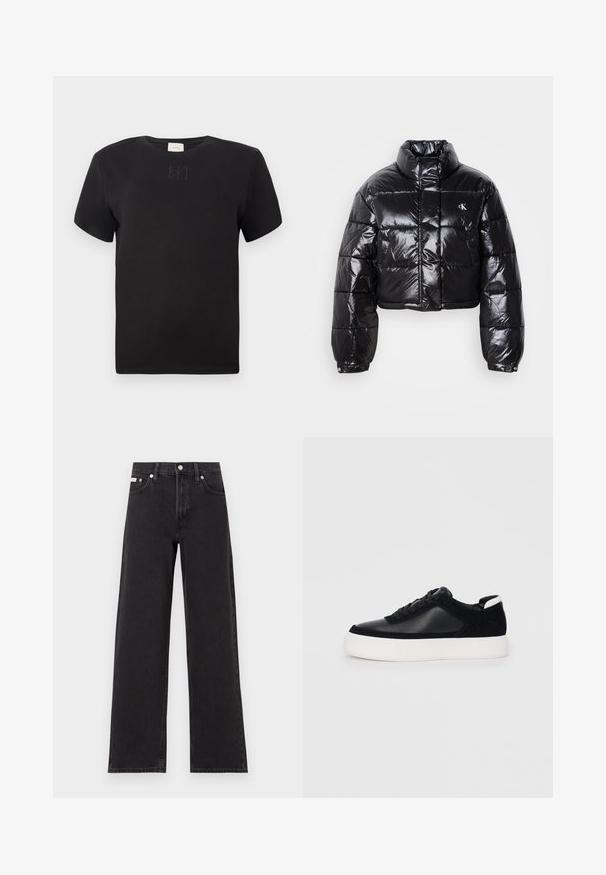 Izgriezta melna pūkainā jaka ar spīdīgu apdari, augstu apkakli, priekšējiem rāvējslēdzējiem un logotipa detaļām. Iezīmējas ar pārspīlētiem piedurknēm un quilted sekcijām.; Melnas īsām piedurknēm t-kreklis ar maigi izšūtu Calvin Klein logo centrā uz krūtīm, vienkāršs dizains uz balta fona.; Melni platmalu džinsi, kas izgatavoti no denima, ar augstu vidukli, piecu kabatu dizainu un metāla pogas aizdari ar kontrastējošu šuvumu.; Melnas sporta kurpes ar gludu ādu un zamša paneļiem, plakaniem šņorēm, noapaļotu pirkstu daļu un baltu gumijas zolīti. Izteikts logo uz papēža.