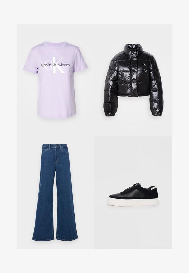 Kort sort vinterjakke med blank finish, høj krave, lynlås foran og logo detalje. Har oversized ærmer og quiltede sektioner.; Calvin Klein Jeans MONOLOGO REGULAR TEE - T-shirts print - candy apple; Blå denim flared jeans med høj talje, der har fem lommer, lukning med knap og kontrastsyninger på sømmene.; Sort sneakers med glat læder og ruskindspaneler, flade snørebånd, rund tå og en hvid gummisål. Distinkt logo på hælen.
