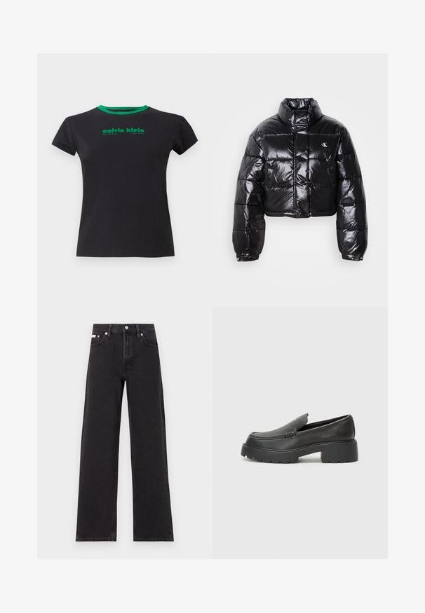 Jachetă puffer neagră scurtă cu finisaj lucios, guler înalt, fermoar frontal și detaliu cu logo. Are mâneci supradimensionate și secțiuni quilted.; Tricou negru din bumbac cu mâneci scurte și guler rotund verde. Prezintă text imprimat în verde: "calvin klein, West 29th Street, New York City."; Jeanși negri cu picioare largi, fabricați din denim, cu talie înaltă, stil cu cinci buzunare și închidere cu nasture metalic, cu cusături contrastante.; Mocasini din piele neagră, cu vârf rotunjit, talpă groasă texturată și detalii minimale de cusătură. Design elegant, fără șireturi sau accesorii vizibile.
