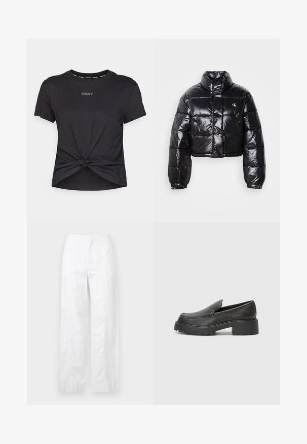 Casaco puffer preto cropped com acabamento brilhante, gola alta, fecho éclair à frente e detalhe de logótipos. Apresenta mangas oversized e secções acolchoadas.; T-shirt preta de manga curta feita de algodão, com um design em nó na barra e o logo "DKNY" em strass no peito.; Calças brancas de perna larga feitas de um tecido leve, com uma textura suave, linhas limpas e um design de cintura alta.; Mocassins de couro preto com bico arredondado, sola espessa e texturizada, e detalhes de costura minimalistas. Design elegante sem atacadores ou ferragens visíveis.
