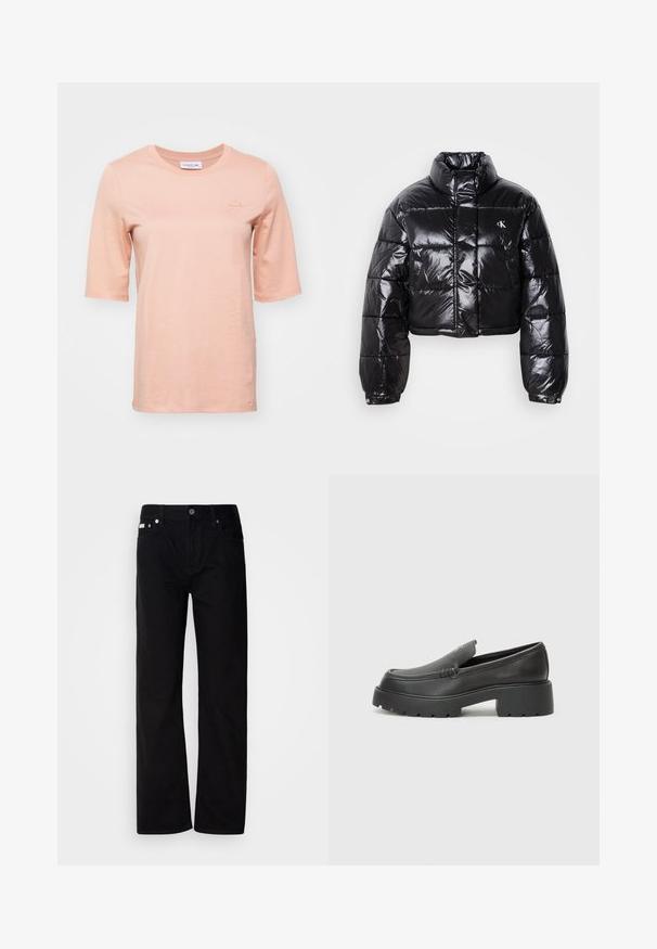 Kort sort vinterjakke med blank finish, høj krave, lynlås foran og logo detalje. Har oversized ærmer og quiltede sektioner.; Sikkert peachfarvet kortærmet t-shirt lavet af blødt bomuld, med rund halsudskæring og et lille broderet logo på brystet.; Sorte denim lige ben bukser med fem lommer, sølvnitter og en knaplukning. Stoffet har en glat, let tekstureret overflade.; Sorte læder loafers med rund tå, tyk tekstureret sål og minimale syninger. Elegant design uden synlige snørebånd eller hardware.
