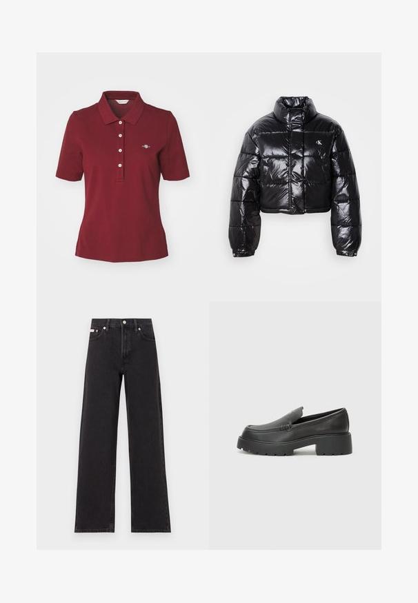 Fekete, fényes felületű, vágott pufi dzseki, magas gallérral, elülső cipzárral és logó részlettel. Tágas ujjakkal és steppelt részekkel rendelkezik.; GANT SLIM FIT - Pólóing - plumped red; Fekete, bőszárú farmernadrág, magas derekú, öt zsebes kialakítással és fém gombos záródással, kontrasztos varrással.; Fekete bőr loafer cipők kerek orral, vastag, texturált talppal és minimális varrási részletekkel. Áramvonalas dizájn, látható fűzők vagy fém részek nélkül.