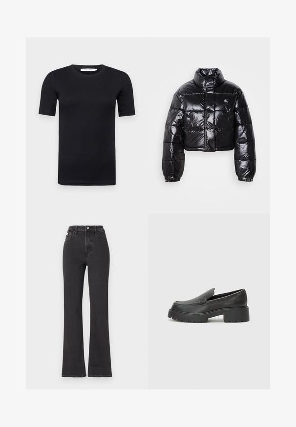 Gekürzte schwarze Steppjacke mit glänzender Oberfläche, hohem Kragen, Frontreißverschluss und Logodetail. Verfügt über übergroße Ärmel und gesteppte Abschnitte.; Schwarzes T-Shirt mit kurzen Ärmeln aus weicher Baumwolle. Es hat einen Rundhalsausschnitt und ein schlichtes, nahtloses Design.; Schwarze, hochgeschnittene Schlagjeans aus Denim mit Knopfverschluss, Gürtelschlaufen und seitlichen Taschen. Glatte Textur mit minimaler Ausbleichung.; Schwarze Lederloafer mit einer abgerundeten Spitze, dicker strukturierten Laufsohle und minimalen Nähten. Schlankes Design ohne sichtbare Schnürsenkel oder Beschläge.