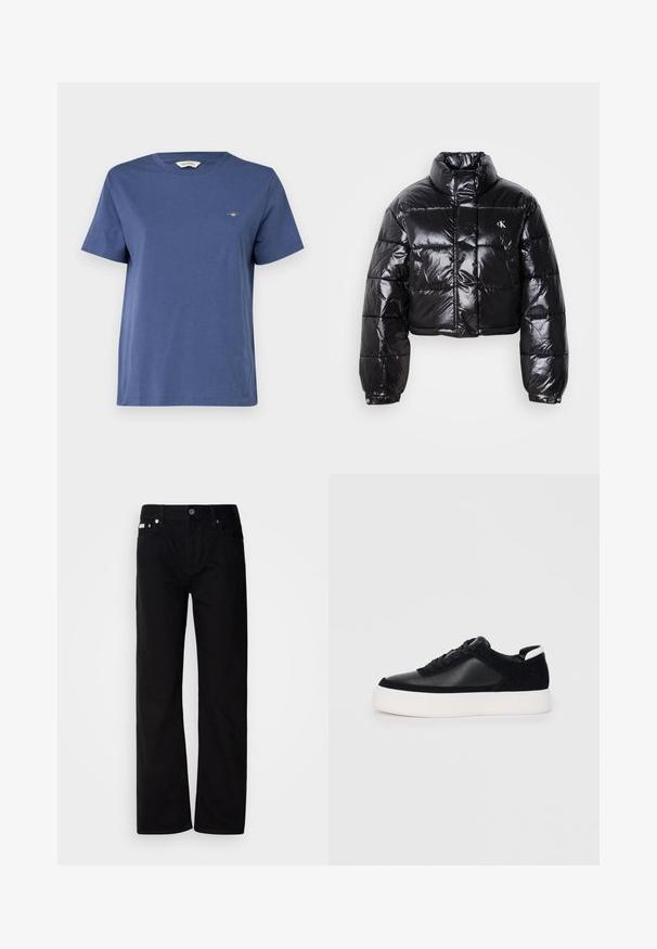 Giacca a vento nera cropped con finitura lucida, colletto alto, zip frontale e dettaglio con logo. Presenta maniche oversized e sezioni trapuntate.; GANT PRINTED ARCHIVE SHIELD - T-shirt basic - dusty navy; Pantaloni in denim nero a gamba dritta con cinque tasche, rivetti argentati e chiusura con bottone. Il tessuto ha una finitura liscia e leggermente testurizzata.; Sneaker nera con pannelli in pelle liscia e suede, lacci piatti, punta arrotondata e suola in gomma bianca. Logo distintivo sul tallone.