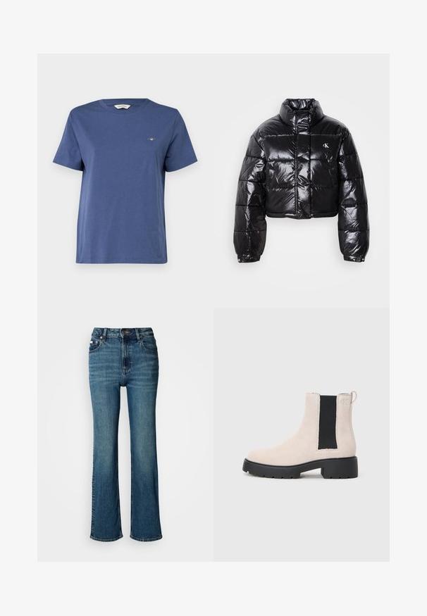 Chaqueta acolchada negra recortada con acabado brillante, cuello alto, cremallera frontal y detalle de logo. Presenta mangas oversize y secciones acolchadas.; GANT PRINTED ARCHIVE SHIELD - Camiseta básica - dusty navy; Jeans de tiro alto en azul, confeccionados en denim, con un diseño de pierna recta, un ligero desvanecido y un cierre estándar de botón y cremallera.; Botín Chelsea de ante beige con panel lateral elástico negro, suela gruesa negra y lengüeta en el tobillo.