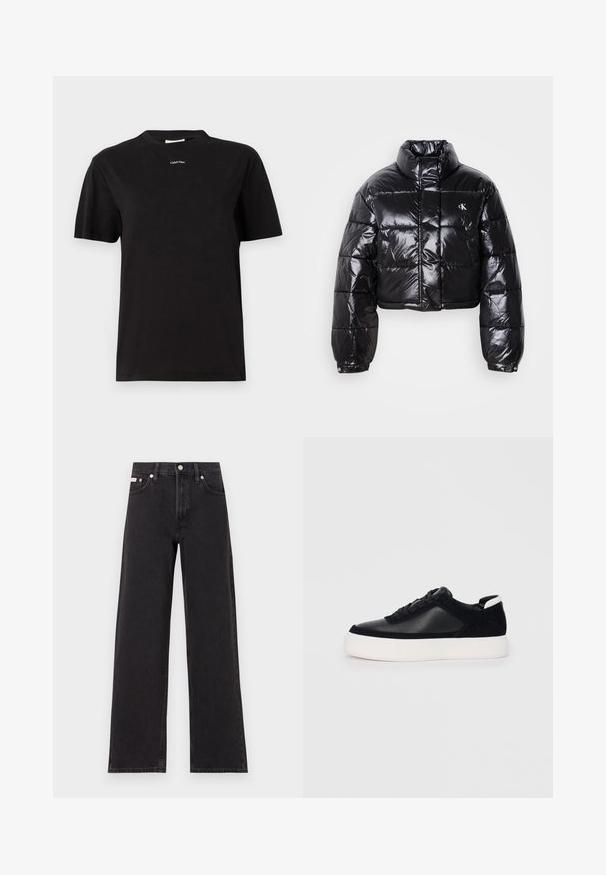 Giacca a vento nera cropped con finitura lucida, colletto alto, zip frontale e dettaglio con logo. Presenta maniche oversized e sezioni trapuntate.; T-shirt in cotone nero con maniche corte, collo rotondo, caratterizzato da un piccolo logo bianco "Calvin Klein" posizionato centralmente sul petto.; Jeans neri a gamba larga in denim, con vita alta, styling a cinque tasche e chiusura con bottone metallico e cuciture a contrasto.; Sneaker nera con pannelli in pelle liscia e suede, lacci piatti, punta arrotondata e suola in gomma bianca. Logo distintivo sul tallone.