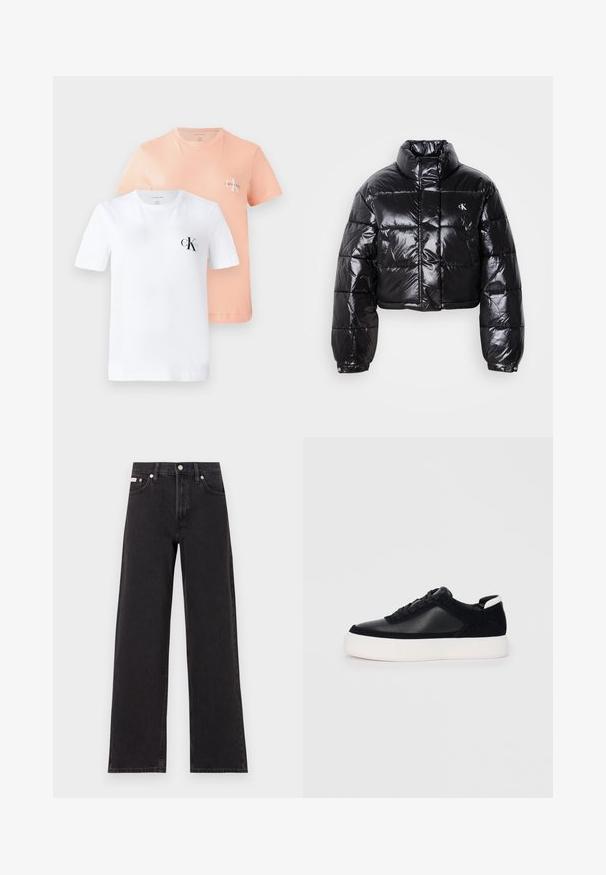 Giacca a vento nera cropped con finitura lucida, colletto alto, zip frontale e dettaglio con logo. Presenta maniche oversized e sezioni trapuntate.; Due magliette a maniche corte: una bianca con un logo CK nero, l'altra color pesca chiaro con un logo CK più piccolo, entrambe realizzate in morbido cotone.; Jeans neri a gamba larga in denim, con vita alta, styling a cinque tasche e chiusura con bottone metallico e cuciture a contrasto.; Sneaker nera con pannelli in pelle liscia e suede, lacci piatti, punta arrotondata e suola in gomma bianca. Logo distintivo sul tallone.