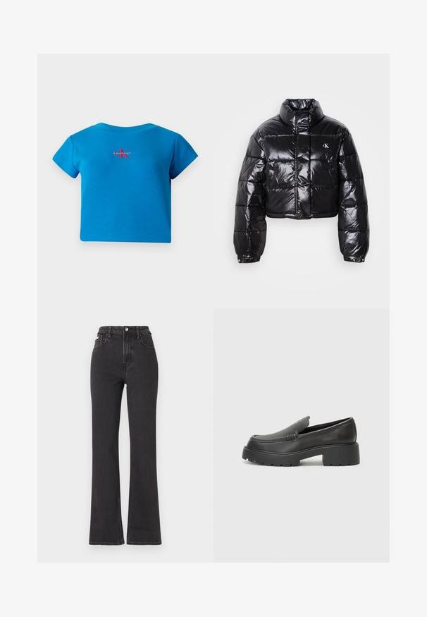 Casaco puffer preto cropped com acabamento brilhante, gola alta, fecho éclair à frente e detalhe de logótipos. Apresenta mangas oversized e secções acolchoadas.; T-shirt azul com nervuras, de manga curta e decote redondo, apresentando um logotipo "Calvin Klein" em vermelho e branco no peito.; Jeans flared pretos de cintura alta feitos de denim, com fecho de botão, passadores para cinto e bolsos laterais. Textura suave com desbotamento mínimo.; Mocassins de couro preto com bico arredondado, sola espessa e texturizada, e detalhes de costura minimalistas. Design elegante sem atacadores ou ferragens visíveis.