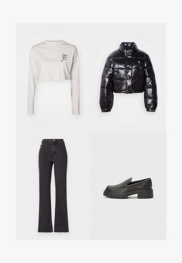 Giacca a vento nera cropped con finitura lucida, colletto alto, zip frontale e dettaglio con logo. Presenta maniche oversized e sezioni trapuntate.; Maglietta a maniche lunghe cropped in cotone grigio chiaro, con collo alto e logo nero "Calvin Klein Jeans" sul lato sinistro del petto.; Jeans neri a vita alta e a zampa d'elefante in denim, con chiusura a bottoni, passanti per cintura e tasche laterali. Texture liscia con minimal fading.; Mocassini in pelle nera con punta arrotondata, suola spessa e testurizzata, e minime cuciture. Design elegante senza lacci o parti metalliche visibili.