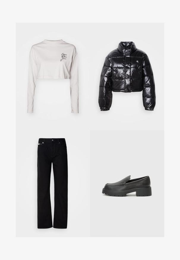Cropped black puffer jacket with glossy finish, high collar, front zipper, and logo detail. Features oversized sleeves and quilted sections.; Cropped long-sleeve shirt in light gray cotton, featuring a high neck and black "Calvin Klein Jeans" logo on the left chest.; Black denim straight-leg pants with five pockets, silver rivets, and a button fly. The fabric has a smooth, slightly textured finish.; Black leather loafers with a rounded toe, thick textured sole, and minimal stitching details. Sleek design with no visible laces or hardware.