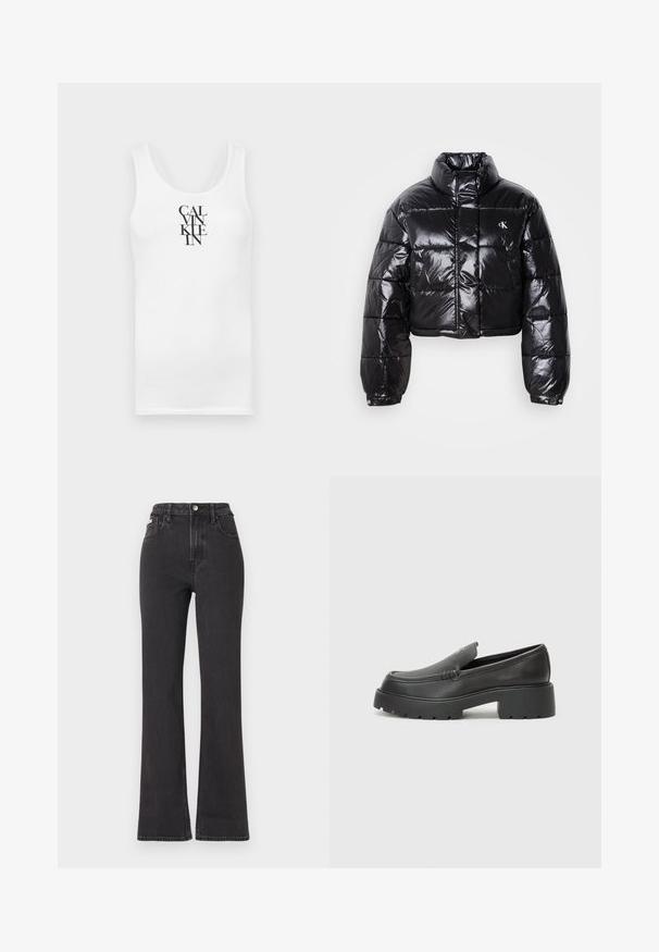 Kuttet svart dunjakke med glatt finish, høy krage, frontlås og logo-detalj. Den har overdimensjonerte ermer og quiltede seksjoner.; Hvit tank topp med rund hals, laget av bomull. Har vertikal svart tekst "CALVINKLEIN" i en fet serif-skrift.; Svarte høyt midje, utsvingte jeans laget av denim, med knappelukking, beltehemper og sidelommer. Glatt tekstur med minimal falming.; Sorte skinnloafers med rund tå, tykk teksturert såle og minimale sømdetaljer. Strømlinjeformet design uten synlige snørebånd eller hardvarer.