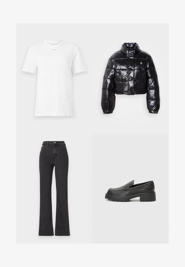 Krótkia czarna kurtka puchowa o błyszczącym wykończeniu, z wysokim kołnierzem, przednim zapięciem na zamek i detalem logo. Posiada obszerne rękawy i pikowane sekcje.; Biała bawełniana koszulka z okrągłym dekoltem, krótkimi rękawami i małym czarnym logo "Calvin Klein" na piersi. Prosty design, bez wzorów.; Czarne jeansy z wysokim stanem i rozszerzanym dołem, wykonane z denimu, z zapięciem na guzik, szlufkami na pasek oraz kieszeniami bocznymi. Gładka faktura z minimalnym przetarciem.; Czarne skórzane mokasyny z zaokrąglonym noskiem, grubą fakturowaną podeszwą oraz minimalnymi detalami szycia. Elegancki design bez widocznych sznurowadeł czy elementów metalowych.