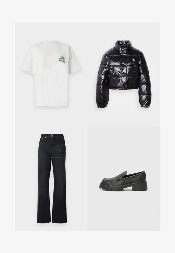 Kuttet svart dunjakke med glatt finish, høy krage, frontlås og logo-detalj. Den har overdimensjonerte ermer og quiltede seksjoner.; Hvit bomull T-skjorte med korte ermer og rund hals. Den har et grønt grafisk trykk på venstre bryst.; Sorte denim vide bukser med høj talje, fem-lomme design og sølv metalknap. Stoffer har en glat tekstur og let stræk.; Sorte skinnloafers med rund tå, tykk teksturert såle og minimale sømdetaljer. Strømlinjeformet design uten synlige snørebånd eller hardvarer.