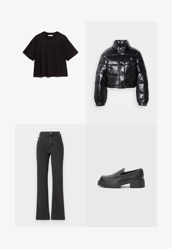 Casaco puffer preto cropped com acabamento brilhante, gola alta, fecho éclair à frente e detalhe de logótipos. Apresenta mangas oversized e secções acolchoadas.; T-shirt de algodão preto com decote redondo e mangas curtas. Apresenta um corte descontraído e um design simples, sem adornos.; Jeans flared pretos de cintura alta feitos de denim, com fecho de botão, passadores para cinto e bolsos laterais. Textura suave com desbotamento mínimo.; Mocassins de couro preto com bico arredondado, sola espessa e texturizada, e detalhes de costura minimalistas. Design elegante sem atacadores ou ferragens visíveis.