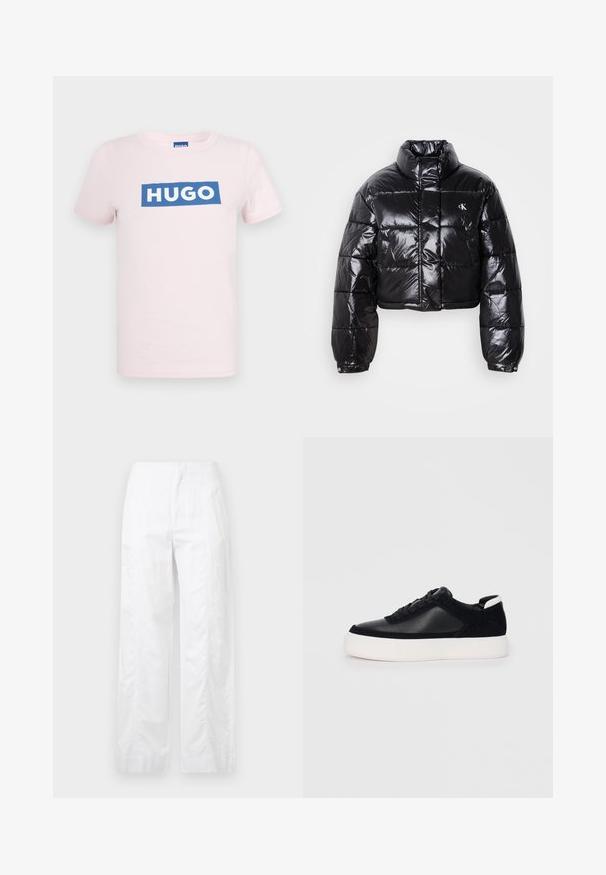 Izgriezta melna pūkainā jaka ar spīdīgu apdari, augstu apkakli, priekšējiem rāvējslēdzējiem un logotipa detaļām. Iezīmējas ar pārspīlētiem piedurknēm un quilted sekcijām.; Gaiši rozā kokvilnas T-krekls ar zilu taisnstūra logo, kurā redzams vārds "HUGO" baltā krāsā. Standarta apaļā dekoltē un īsām piedurknēm.; Baltas, plaša kāju bikses, izgatavotas no viegla auduma, ar gludu tekstūru, tīrām līnijām un augstu jostasvietu.; Melnas sporta kurpes ar gludu ādu un zamša paneļiem, plakaniem šņorēm, noapaļotu pirkstu daļu un baltu gumijas zolīti. Izteikts logo uz papēža.