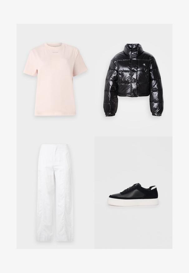 Cropped black puffer jacket with glossy finish, high collar, front zipper, and logo detail. Features oversized sleeves and quilted sections.; Light pink cotton t-shirt with a crew neck, short sleeves, and a small "Calvin Klein" logo printed in a matching color on the chest.; White wide-leg trousers made of lightweight fabric, featuring a smooth texture, clean lines, and a high waist design.; Black sneaker with smooth leather and suede panels, flat laces, rounded toe, and a white rubber sole. Distinct logo on the heel.