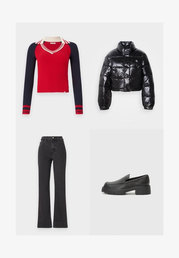 Cropped black puffer jacket with glossy finish, high collar, front zipper, and logo detail. Features oversized sleeves and quilted sections.; Ribbed knit sweater with red body and navy sleeves, featuring a white collar with red stripes and horizontal stripes at cuffs.; Black high-waisted flared jeans made of denim, featuring a button closure, belt loops, and side pockets. Smooth texture with minimal fading.; Black leather loafers with a rounded toe, thick textured sole, and minimal stitching details. Sleek design with no visible laces or hardware.