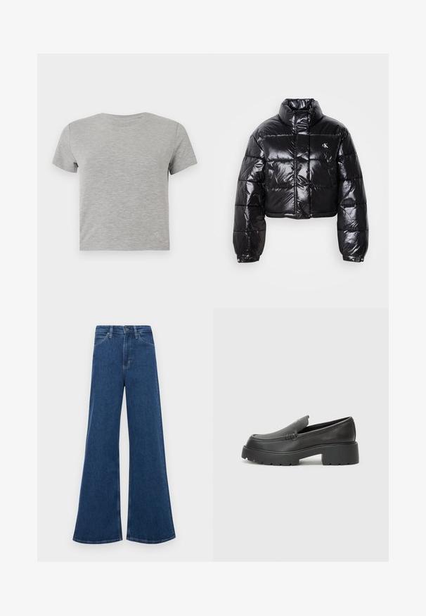 Kort sort vinterjakke med blank finish, høj krave, lynlås foran og logo detalje. Har oversized ærmer og quiltede sektioner.; Grå kortærmet t-shirt lavet af blødt materiale, med rund halsudskæring og et delikat accentlogo i nederste højre hjørne.; Blå denim flared jeans med høj talje, der har fem lommer, lukning med knap og kontrastsyninger på sømmene.; Sorte læder loafers med rund tå, tyk tekstureret sål og minimale syninger. Elegant design uden synlige snørebånd eller hardware.