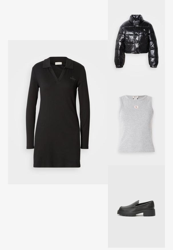 Geknipt zwart pufferjack met glanzende afwerking, hoge kraag, ritssluiting aan de voorkant en logodetail. Beschikt over oversized mouwen en gestikte delen.; Grijze mouwloze top van ribstof, met een ronde halslijn en een klein CK-logo label op de voorkant. Eenvoudig en aansluitend ontwerp.; Zwarte lange mouwen polo jurk met een V-hals, geribbelde textuur en een subtiel logo detail op de linkerborst. Zachte katoenmix.; Zwarte leren instappers met een ronde neus, dikke getextureerde zool en minimale stikseldetails. Strak ontwerp zonder zichtbare veters of hardware.