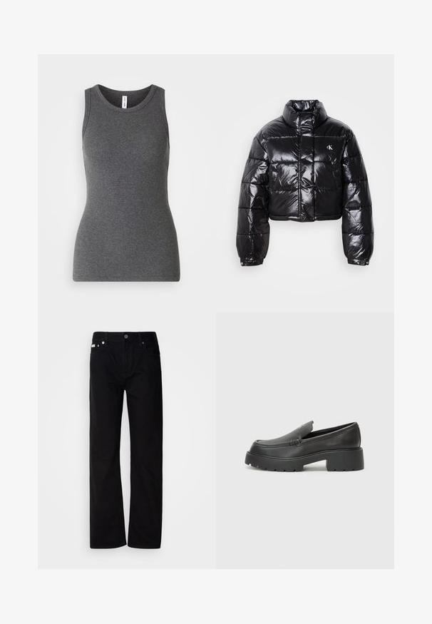 Jachetă puffer neagră scurtă cu finisaj lucios, guler înalt, fermoar frontal și detaliu cu logo. Are mâneci supradimensionate și secțiuni quilted.; Tricou gri fără mâneci, confecționat din material cu dungi; are un gât rotund și un design ajustat. Fără modele sau accente suplimentare.; Pantaloni din denim negri, cu croială dreaptă, având cinci buzunare, cu nituri argintii și închidere cu nasture. Materialul are o textură netedă, ușor texturată.; Mocasini din piele neagră, cu vârf rotunjit, talpă groasă texturată și detalii minimale de cusătură. Design elegant, fără șireturi sau accesorii vizibile.