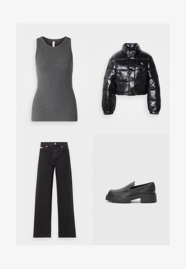 Geknipt zwart pufferjack met glanzende afwerking, hoge kraag, ritssluiting aan de voorkant en logodetail. Beschikt over oversized mouwen en gestikte delen.; Grijze mouwloze tanktop van ribmateriaal; heeft een ronde halslijn en een getailleerd ontwerp. Geen patronen of extra accenten.; Zwarte wijde spijkerbroeken van denim, met een hoge taille, vijf-pocket stijl en een metalen knoopsluiting met contrasterende stiksels.; Zwarte leren instappers met een ronde neus, dikke getextureerde zool en minimale stikseldetails. Strak ontwerp zonder zichtbare veters of hardware.