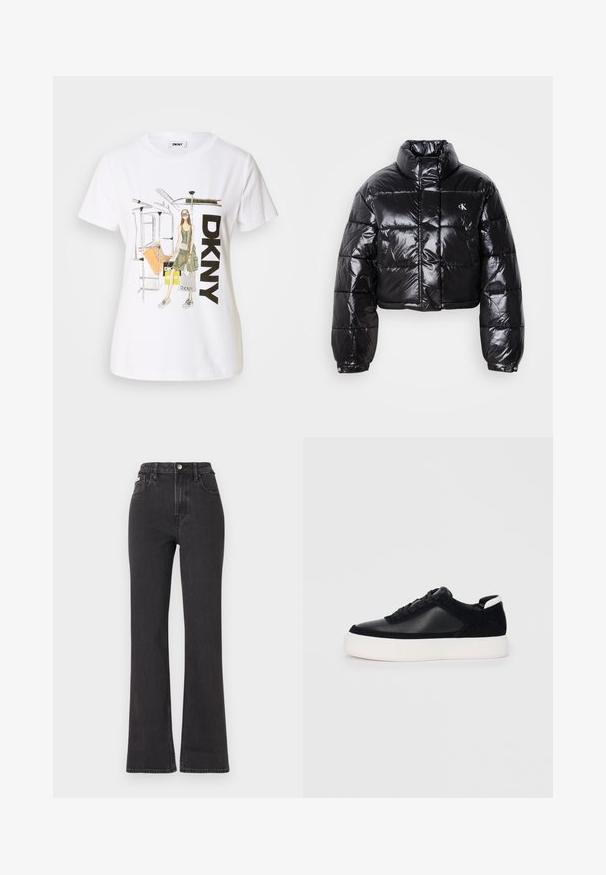 Kuttet svart dunjakke med glatt finish, høy krage, frontlås og logo-detalj. Den har overdimensjonerte ermer og quiltede seksjoner.; Hvit bomull t-skjorte med grafisk illustrasjon av en kvinne, "DKNY"-tekst og elementer fra New Yorks t-bane. Ledig passform, korte ermer.; Svarte høyt midje, utsvingte jeans laget av denim, med knappelukking, beltehemper og sidelommer. Glatt tekstur med minimal falming.; Svart sneakers med glatt skinn og semsket skinnpaneler, flate snørebånd, rund tå og hvit gummisåle. Distinkt logo på hælen.