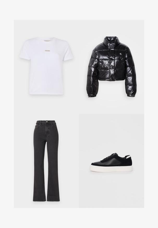 Casaco puffer preto cropped com acabamento brilhante, gola alta, fecho éclair à frente e detalhe de logótipos. Apresenta mangas oversized e secções acolchoadas.; T-shirt branca de mangas curtas, feita de algodão, com um pequeno logótipo bege da Calvin Klein no peito. Corte simples e clássico com decote redondo.; Jeans flared pretos de cintura alta feitos de denim, com fecho de botão, passadores para cinto e bolsos laterais. Textura suave com desbotamento mínimo.; Sapatilha preta com painéis de pele lisa e camurça, atacadores planos, bico arredondado e sola de borracha branca. Logótipo distinto no calcanhar.
