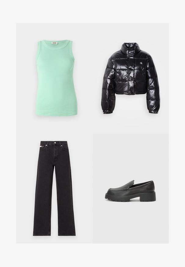 Zkrácená černá péřová bunda s lesklým povrchem, vysokým límcem, předním zipem a logem. Má široké rukávy a prošívané části.; Mátově zelený bezrukávový top vyrobený z žebrované látky s kulatým výstřihem a přiléhavým střihem. Štítek viditelný na výstřihu.; Černé široké jeansy vyrobené z denimu, s vysokým pasem, pěti kapsami a kovovým zapínáním s kontrastním prošíváním.; Černé kožené mokasíny s okrouhlou špičkou, silnou strukturovanou podrážkou a minimálními detaily šití. Elegantní design bez viditelných tkaniček nebo kovových prvků.