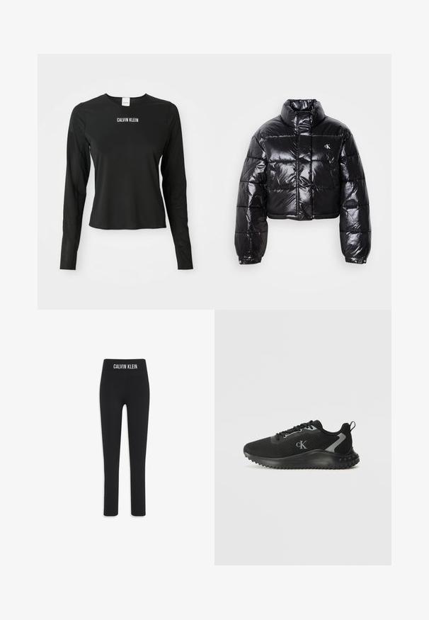 Kort sort vinterjakke med blank finish, høj krave, lynlås foran og logo detalje. Har oversized ærmer og quiltede sektioner.; Sort langærmet mesh top med rund hals, med hvid "CALVIN KLEIN" logo centreret på brystet.; Sorte leggings lavet af strækbart materiale, med en bred elastik i taljen med "CALVIN KLEIN" logo, slim fit og ankellang design.; Sort lavtop sportsko med åndbart mesh, snørebåndsdesign, tekstureret sål og "cK" logo på siden.