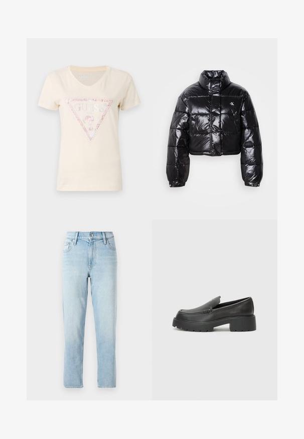 Veste doudoune noire coupée avec finition brillante, col haut, fermeture éclair à l'avant et détail de logo. Présente des manches surdimensionnées et des sections matelassées.; T-shirt en coton beige à manches courtes avec un col en V et un logo en triangle pailleté rose portant le texte "GUESS" et des accents embellis.; Jeans en denim bleu clair, coupe droite, taille mi-haute, avec cinq poches et une fermeture à bouton à l'avant.; Mocassins en cuir noir avec un bout arrondi, une semelle épaisse et texturée, et des détails de couture minimalistes. Design épuré sans lacets ni métal visibles.