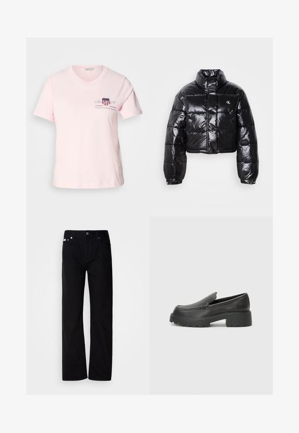 Geknipt zwart pufferjack met glanzende afwerking, hoge kraag, ritssluiting aan de voorkant en logodetail. Beschikt over oversized mouwen en gestikte delen.; Lichtroze katoenen t-shirt met korte mouwen, ronde halslijn en geborduurd logo met rode en blauwe accenten. Casual fit.; Zwarte denim rechte broek met vijf zakken, zilveren klinknagels en een knoopsluiting. De stof heeft een gladde, licht gestructureerde afwerking.; Zwarte leren instappers met een ronde neus, dikke getextureerde zool en minimale stikseldetails. Strak ontwerp zonder zichtbare veters of hardware.