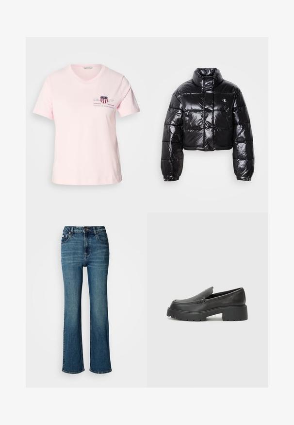Skraćena crna jakna od puf materijala sa sjajnom završnom obradom, visokim ovratnikom, prednjim patentnim zatvaračem i detaljem s logotipom. Ima ogroman rukav i kviltane dijelove.; Svijetloružičasta pamučna majica s kratkim rukavima, okruglim izrezom i izvezeni logotip s crvenim i plavim nijansama. Ležeran kroj.; Traperice viskog struka u plavoj boji, s ravnim nogavicama, blagim izbljeđivanjem, te standardnim dugmetom i zatvaračem.; Crne kožne loaferice s zaobljenim vrhom, debelim teksturiranim potplatom i minimalnim detaljima šivanja. Elegantna izrada bez vidljivih vezica ili metalnih elemenata.