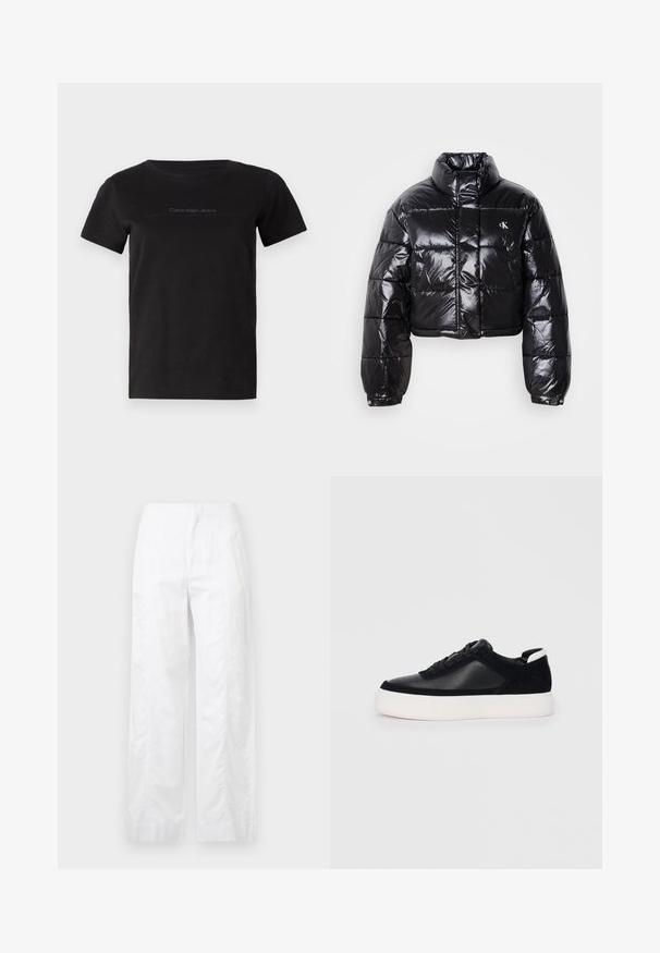 Izgriezta melna pūkainā jaka ar spīdīgu apdari, augstu apkakli, priekšējiem rāvējslēdzējiem un logotipa detaļām. Iezīmējas ar pārspīlētiem piedurknēm un quilted sekcijām.; Melna kokvilnas t-krekls ar noapaļotu dekoltē un īsām piedurknēm. Uz krūšu zonas ir smalka logo izmantošana pelēkā krāsā.; Baltas, plaša kāju bikses, izgatavotas no viegla auduma, ar gludu tekstūru, tīrām līnijām un augstu jostasvietu.; Melnas sporta kurpes ar gludu ādu un zamša paneļiem, plakaniem šņorēm, noapaļotu pirkstu daļu un baltu gumijas zolīti. Izteikts logo uz papēža.