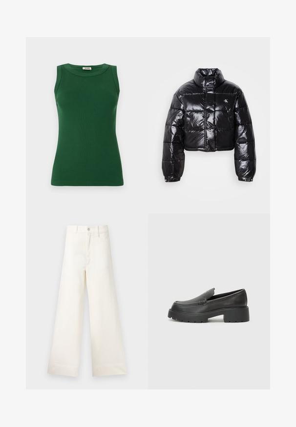 Kuttet svart dunjakke med glatt finish, høy krage, frontlås og logo-detalj. Den har overdimensjonerte ermer og quiltede seksjoner.; Grønn utenermet ribbestrikket tanktop med rund hals, som har en glatt tekstur og en tettsittende silhuett.; Vide bukser i lys beige bomull. Har høy midje, frontlommer og rett passform. Renslig søm uten mønstre.; Sorte skinnloafers med rund tå, tykk teksturert såle og minimale sømdetaljer. Strømlinjeformet design uten synlige snørebånd eller hardvarer.