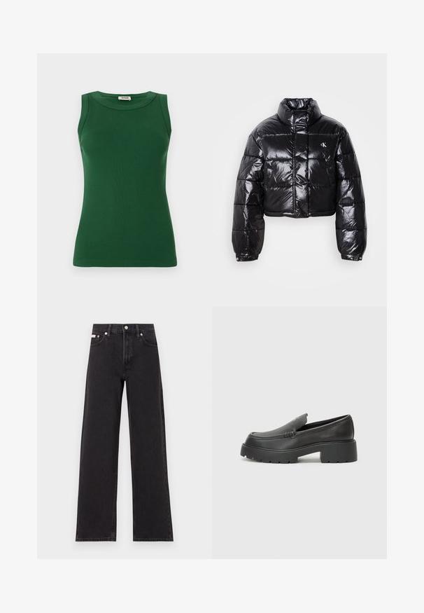 Lühendatud must puffer-jakk läikiva viimistlusega, kõrge krae, eeslukuga ja logodetailiga. Omab üleöö suuruseid varrukaid ja tikitud sektsioone.; Roheline ilma varrukat ribaga tops ümmarguse kaelusega, millel on sile tekstuur ja keha lähedane siluett.; Mustad laiad mustad teksad, millel on kõrge vöökoht, viie tasku stiil ja metallist nööpkinnitus kontrastsete õmblustega.; Mustad nahast loafers ümarate varvastega, paksu tekstuuriga tald ja minimaalsete õmbluse detailidega. Viimistletud disain, kus pole nähtavaid paelu ega riistu.