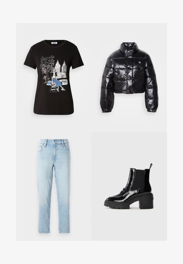 Trumpas juodas pūkinis paltas su blizgiu paviršiumi, aukšta apykakle, priekiniais užtrauktukais ir logotipo detalėmis. Yra plačios rankovės ir siuvinėtos dalys.; Juodas medvilninis marškinėliai su grafiniu dizainu, vaizduojančiu moterį su medžiu ir miesto peizažu, išryškinančiu kontrastingas spalvas ir sudėtingus detalus.; Šviesiai mėlyni džinsai, tiesaus kirpimo, vidutinio juosmens, su penkiomis kišenėmis ir mygtukų užsegimu priekyje.; Juodas patentuotas kulkšninis bicas su masyviu kulnu, elastingais šonų intarpais, dekoratyvia juosta ir kontrastinga siūle. Lygi tekstūra su blizgiu paviršiumi.