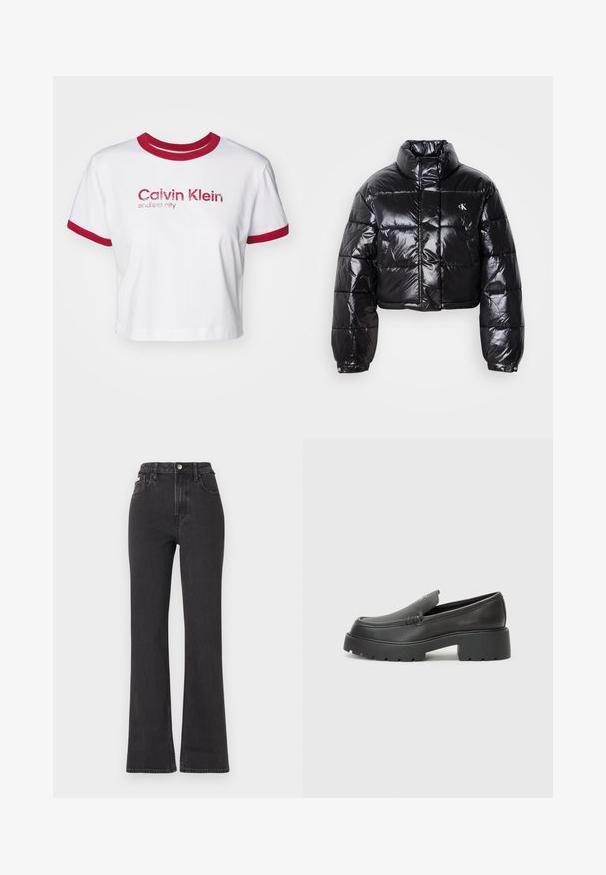 Kuttet svart dunjakke med glatt finish, høy krage, frontlås og logo-detalj. Den har overdimensjonerte ermer og quiltede seksjoner.; Beskaffet hvit t-skjorte med rød ribbestrikket krage og ermer. Har glitrende rød tekst "Calvin Klein endless city" på forsiden.; Svarte høyt midje, utsvingte jeans laget av denim, med knappelukking, beltehemper og sidelommer. Glatt tekstur med minimal falming.; Sorte skinnloafers med rund tå, tykk teksturert såle og minimale sømdetaljer. Strømlinjeformet design uten synlige snørebånd eller hardvarer.
