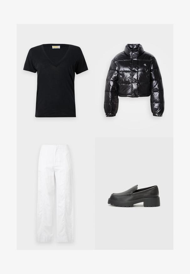 Fekete, fényes felületű, vágott pufi dzseki, magas gallérral, elülső cipzárral és logó részlettel. Tágas ujjakkal és steppelt részekkel rendelkezik.; Fekete V nyakú póló, puha, könnyű anyagból készült. Rövid ujjaival és egyszerű, minta nélküli, letisztult kialakításával rendelkezik.; Fehér, széles szárú nadrág könnyű anyagból, sima textúrával, letisztult vonalakkal és magasderék kialakítással.; Fekete bőr loafer cipők kerek orral, vastag, texturált talppal és minimális varrási részletekkel. Áramvonalas dizájn, látható fűzők vagy fém részek nélkül.
