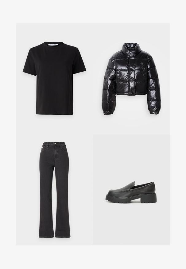 Zkrátená čierna prešívaná bunda s lesklým povrchom, vysokým golierom, predným zipsom a detailom loga. Obsahuje nadrozšírené rukávy a prešívané časti.; Čierne tričko s krátkym rukávom vyrobené z mäkkej bavlny, s okrúhlym výstrihom, uvoľneným strihom a hladkou štruktúrou. Žiadne viditeľné vzory ani grafika.; Čierne džíny s vysokým pásom a rozšírenými nohavicami vyrobené z denimu, s gombíkovým zapínaním, pútkami na opasok a bočnými vreckami. Hladká textúra s minimálnym ošúchaním.; Čierne kožené mokasíny s okrúhlou špičkou, hrubou textúrovanou podrážkou a minimom stehovej výzdoby. Štíhly dizajn bez viditeľných šnúr alebo kovania.