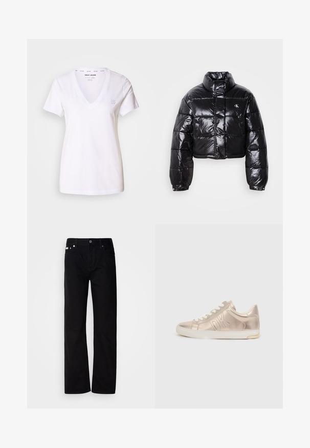 Jachetă puffer neagră scurtă cu finisaj lucios, guler înalt, fermoar frontal și detaliu cu logo. Are mâneci supradimensionate și secțiuni quilted.; Tricou alb cu decolteu în V, din bumbac. Mâneci scurte, croială lejeră. Logo-ul subtil DKNY brodat pe partea stângă a pieptului. Textură netedă.; Pantaloni din denim negri, cu croială dreaptă, având cinci buzunare, cu nituri argintii și închidere cu nasture. Materialul are o textură netedă, ușor texturată.; Tenis cu aspect metalic auriu, cu sireturi albe, având logo-ul embosat "DK" pe lateral, bot rotund și finisaj din piele texturată. Talpă albă cu accente aurii.