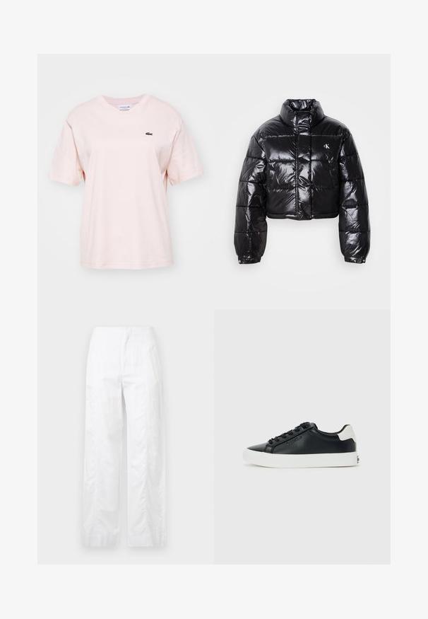 Lühendatud must puffer-jakk läikiva viimistlusega, kõrge krae, eeslukuga ja logodetailiga. Omab üleöö suuruseid varrukaid ja tikitud sektsioone.; Heledad roosa puuvillane T-särk lühikeste varrukatega, ümar kaelus ja väike roheline Lacoste logo vasakul rinnal. Pehme tekstuur, mugav lõige.; Valged laiad püksid, mis on valmistatud kergetest materjalidest, omades siledat tekstuuri, puhtaid jooni ja kõrget vöökohta.; Mustad musta värvi madalate tossudega, millel on valge tald ja kand, mustad paelad ning diskreetne Calvin Kleini logo küljel, esitatud lihtsalt taustal.