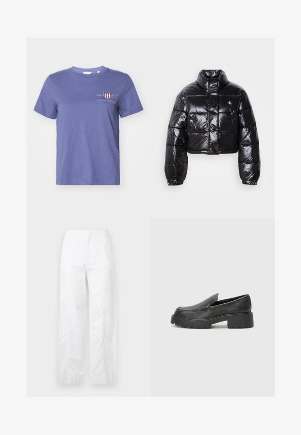 Jachetă puffer neagră scurtă cu finisaj lucios, guler înalt, fermoar frontal și detaliu cu logo. Are mâneci supradimensionate și secțiuni quilted.; Tricou din bumbac violet, cu mâneci scurte, decolteu rotund și un grafic frontal care prezintă "GANT" și "AMERICAN SPORTSWEAR" în roșu și alb.; Pantaloni albi cu croială largă, fabricați dintr-un material ușor, având o textură netedă, linii curate și un design cu talie înaltă.; Mocasini din piele neagră, cu vârf rotunjit, talpă groasă texturată și detalii minimale de cusătură. Design elegant, fără șireturi sau accesorii vizibile.