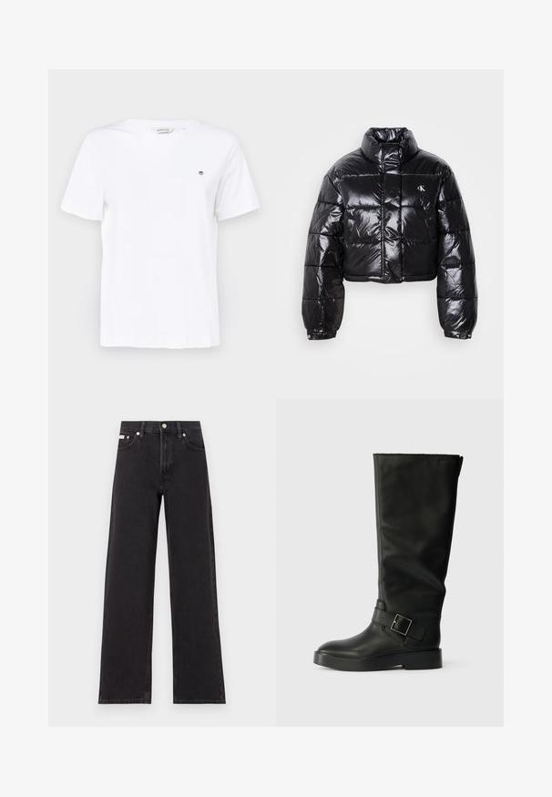 Lühendatud must puffer-jakk läikiva viimistlusega, kõrge krae, eeslukuga ja logodetailiga. Omab üleöö suuruseid varrukaid ja tikitud sektsioone.; Valge puuvillane T-särk lühikeste varrukatega, ümmarguse kaelusega ja väikese tikandiga logoga rinnal. Sile tekstuur ja klassikaline lõige.; Mustad laiad mustad teksad, millel on kõrge vöökoht, viie tasku stiil ja metallist nööpkinnitus kontrastsete õmblustega.; Mustad kuni põlvedeni saapad, mis on valmistatud sileda nahast, ümarate varvastega, paksu tallaga ja horisontaalse rihmaga, millel on ristkülikukujuline lukku detail.