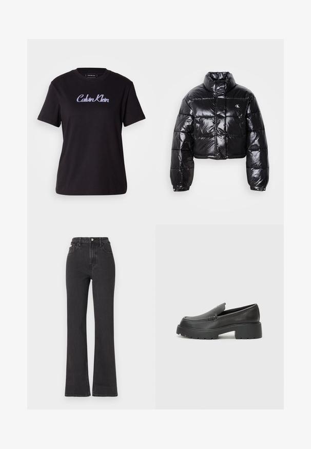 Lühendatud must puffer-jakk läikiva viimistlusega, kõrge krae, eeslukuga ja logodetailiga. Omab üleöö suuruseid varrukaid ja tikitud sektsioone.; Must t-särk mustast puuvillast, millel on ümmargune kaelus ja lühikesed varrukad. Ees on kerge lilakate tikandiga kaldkirjas "Calvin Klein" logo.; Mustad kõrge vöökohaga laienevad teksapüksid, mis on valmistatud denimist, varustatud nööbiga kinnitamise, vöörihmade ja küljetaskutega. Sile tekstuur minimaalse pleekimisega.; Mustad nahast loafers ümarate varvastega, paksu tekstuuriga tald ja minimaalsete õmbluse detailidega. Viimistletud disain, kus pole nähtavaid paelu ega riistu.
