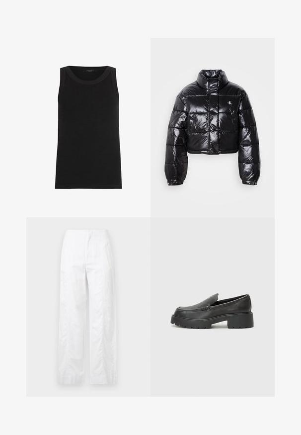Zkrátená čierna prešívaná bunda s lesklým povrchom, vysokým golierom, predným zipsom a detailom loga. Obsahuje nadrozšírené rukávy a prešívané časti.; AllSaints RINA - Top - black; Biele široké nohavice z ľahkej látky, s hladkou textúrou, čistými líniami a vysokým pásom.; Čierne kožené mokasíny s okrúhlou špičkou, hrubou textúrovanou podrážkou a minimom stehovej výzdoby. Štíhly dizajn bez viditeľných šnúr alebo kovania.