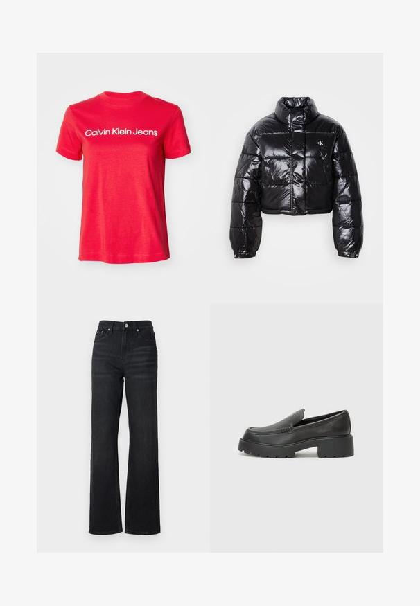Chaqueta acolchada negra recortada con acabado brillante, cuello alto, cremallera frontal y detalle de logo. Presenta mangas oversize y secciones acolchadas.; Camiseta de algodón roja con mangas cortas y cuello redondo. Logo "Calvin Klein Jeans" en blanco en el pecho. Diseño liso.; Jeans de mezclilla negra de pierna ancha con una cintura alta, diseño de cinco bolsillos y botón de metal plateado. La tela tiene una textura suave y un ligero estiramiento.; Mocasines de piel negra con punta redondeada, suela texturizada gruesa y mínimos detalles de costura. Diseño elegante sin cordones o herrajes visibles.