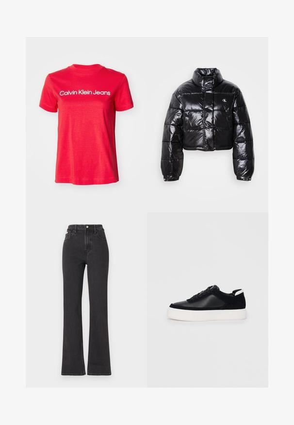 Geknipt zwart pufferjack met glanzende afwerking, hoge kraag, ritssluiting aan de voorkant en logodetail. Beschikt over oversized mouwen en gestikte delen.; Rode katoenen T-shirt met korte mouwen en een ronde hals. "Calvin Klein Jeans" logo in het wit op de borst. Eenvoudig ontwerp.; Zwarte hoge taille flared jeans van denim, met een knoopsluiting, riemlussen en zijzakken. Gladde textuur met minimale vervaging.; Zwarte sneaker met glad leer en suede panelen, platte veters, ronde neus en een witte rubberen zool. Duidelijk logo op de hiel.